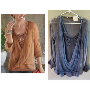 Soft Surroundings Gray Crinkle Sheer Twist Blouse Sequin Tank Medium Lyocell NWT
